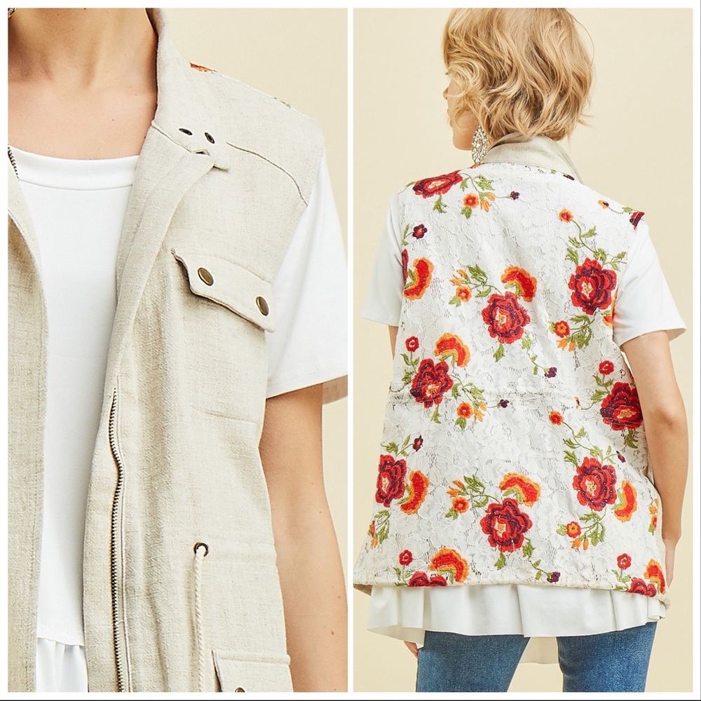 Floral Lace & Linen Military Style Vest - Picture 4 of 8